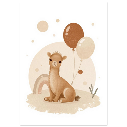 Söt ökenkamel med vänlig blick och lekfulla ballonger, grafiskt djurmotiv