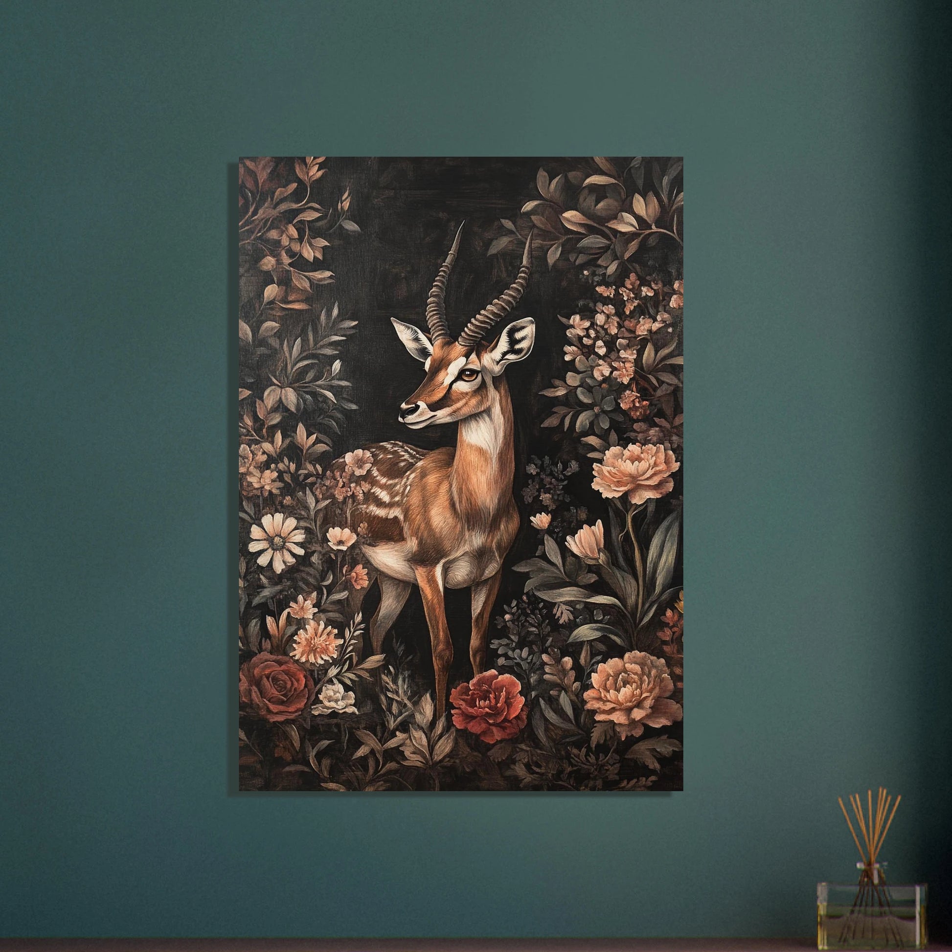 Antilop i mörk blomsterträdgård, mystisk och elegant djurposter