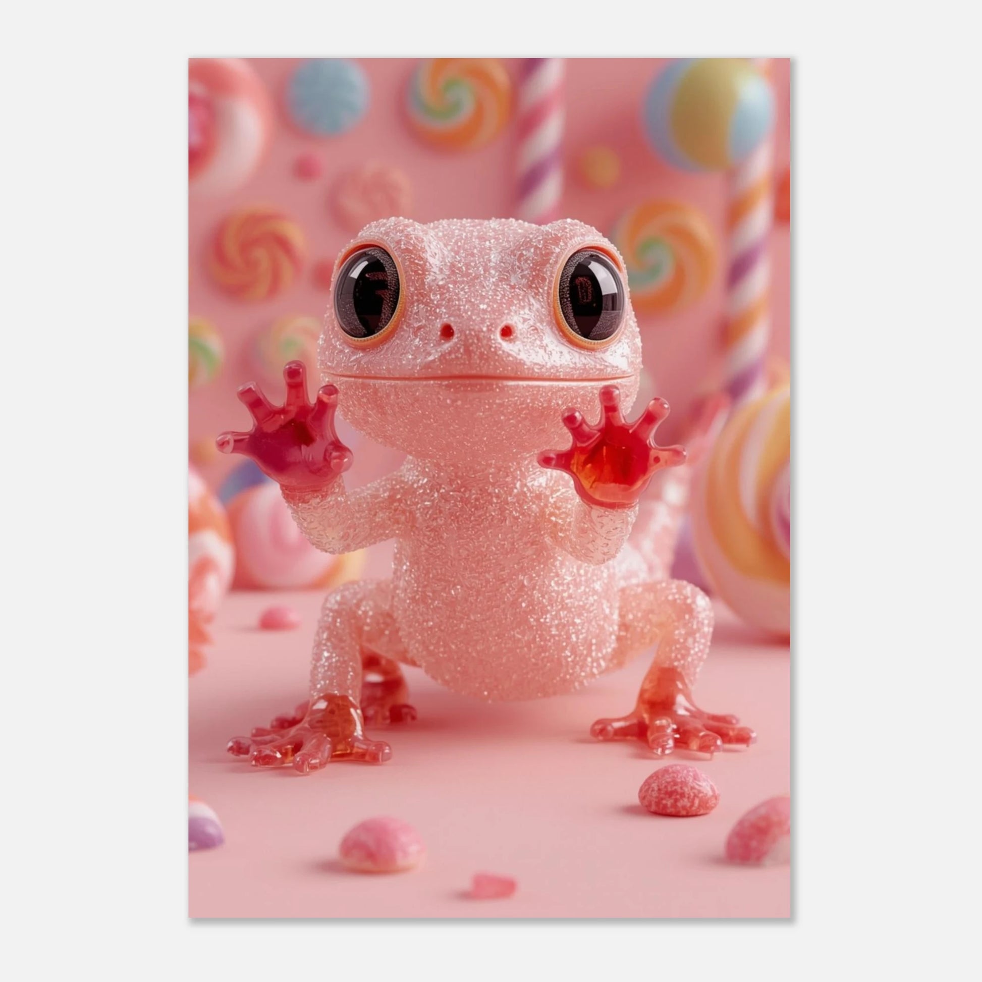 Lekfull 3D-illustration av en sockersöt gecko omgiven av mjuka pastellkarameller