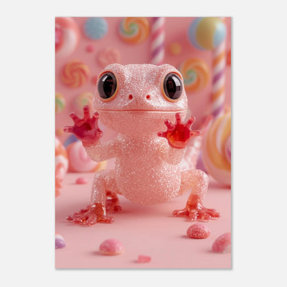 Lekfull 3D-illustration av en sockersöt gecko omgiven av mjuka pastellkarameller