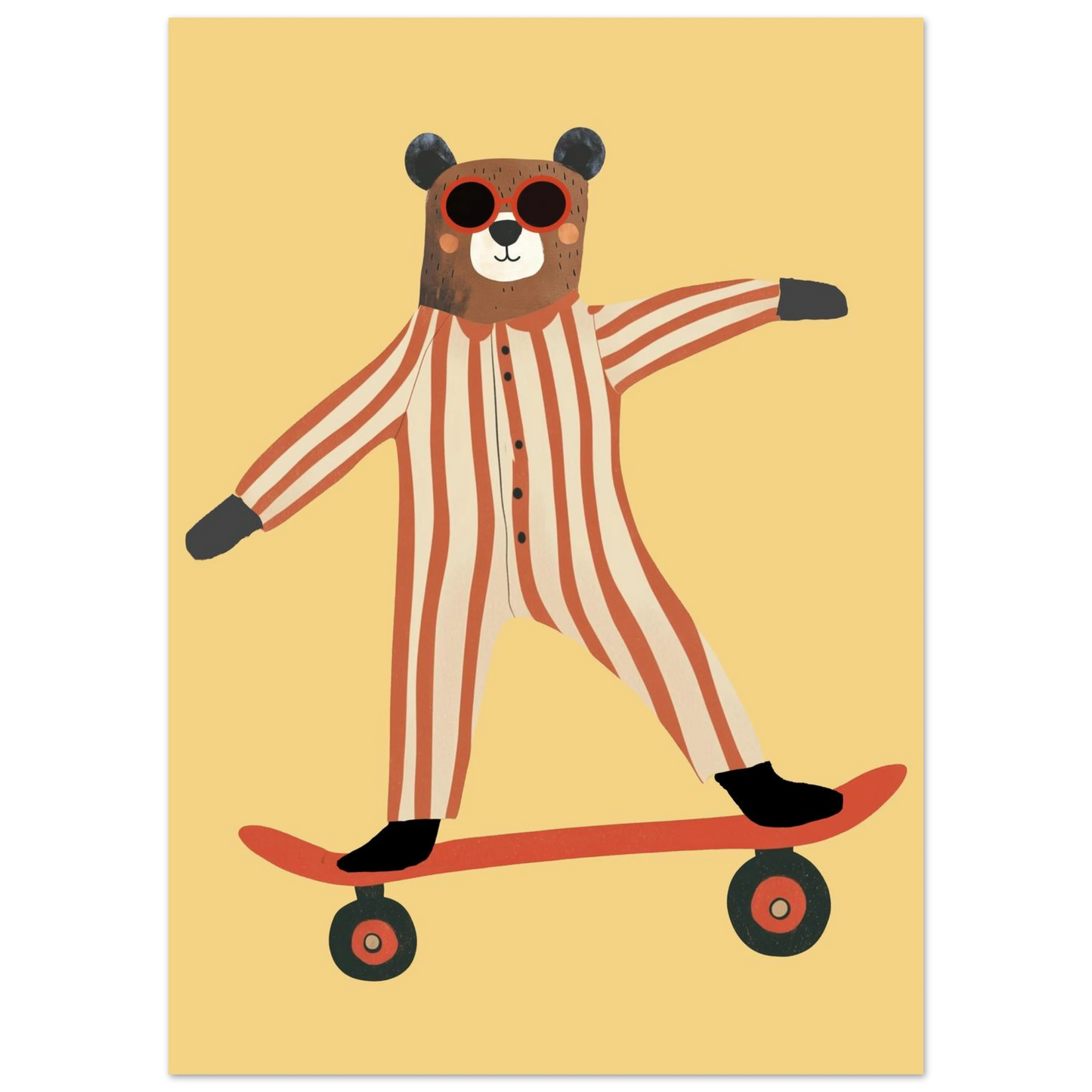 Illustration av en björn med solglasögon som åker skateboard, djurmotiv för barnrum