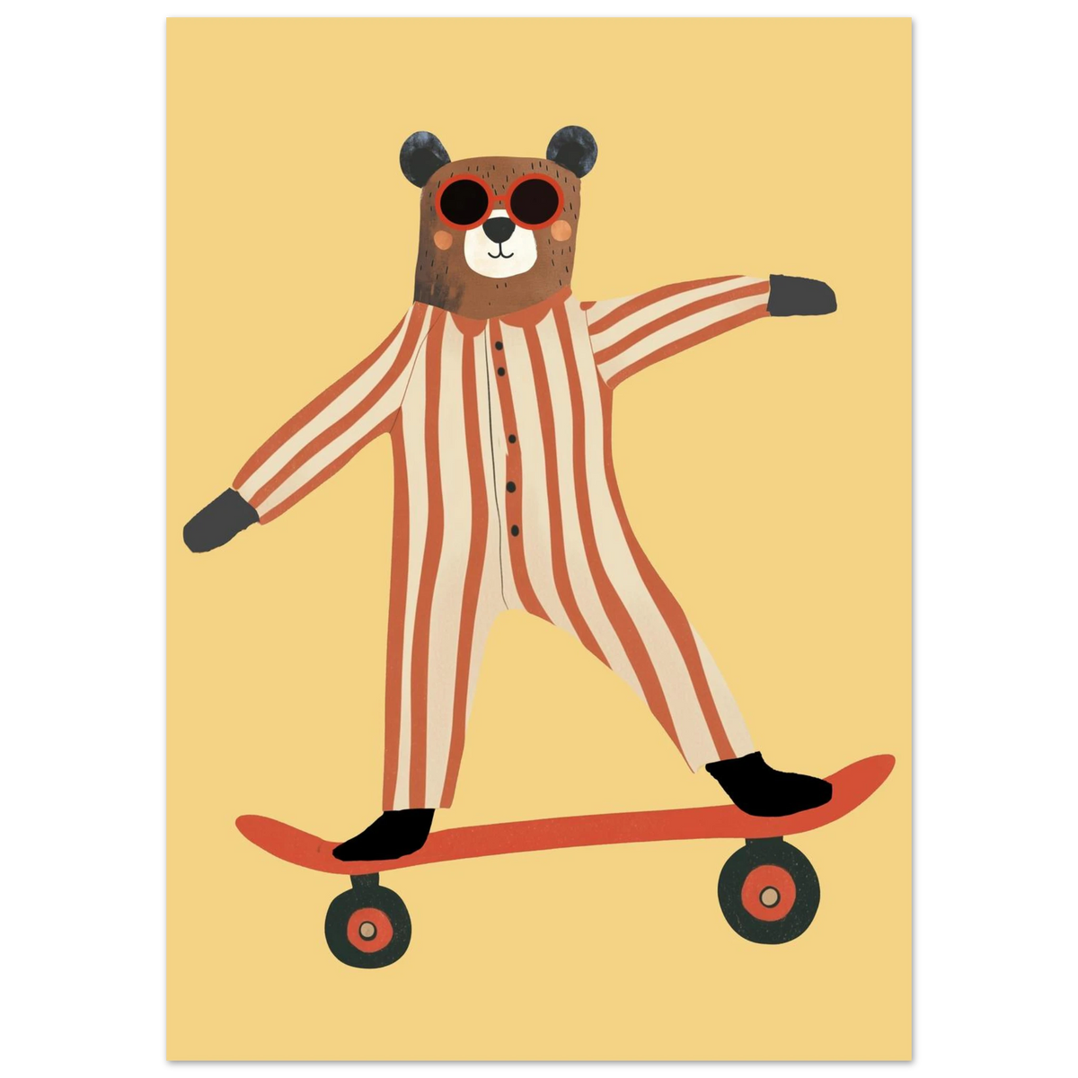 Illustration av en björn med solglasögon som åker skateboard, djurmotiv för barnrum