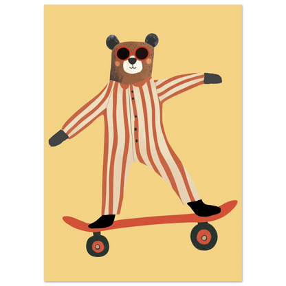 Illustration av en björn med solglasögon som åker skateboard, djurmotiv för barnrum