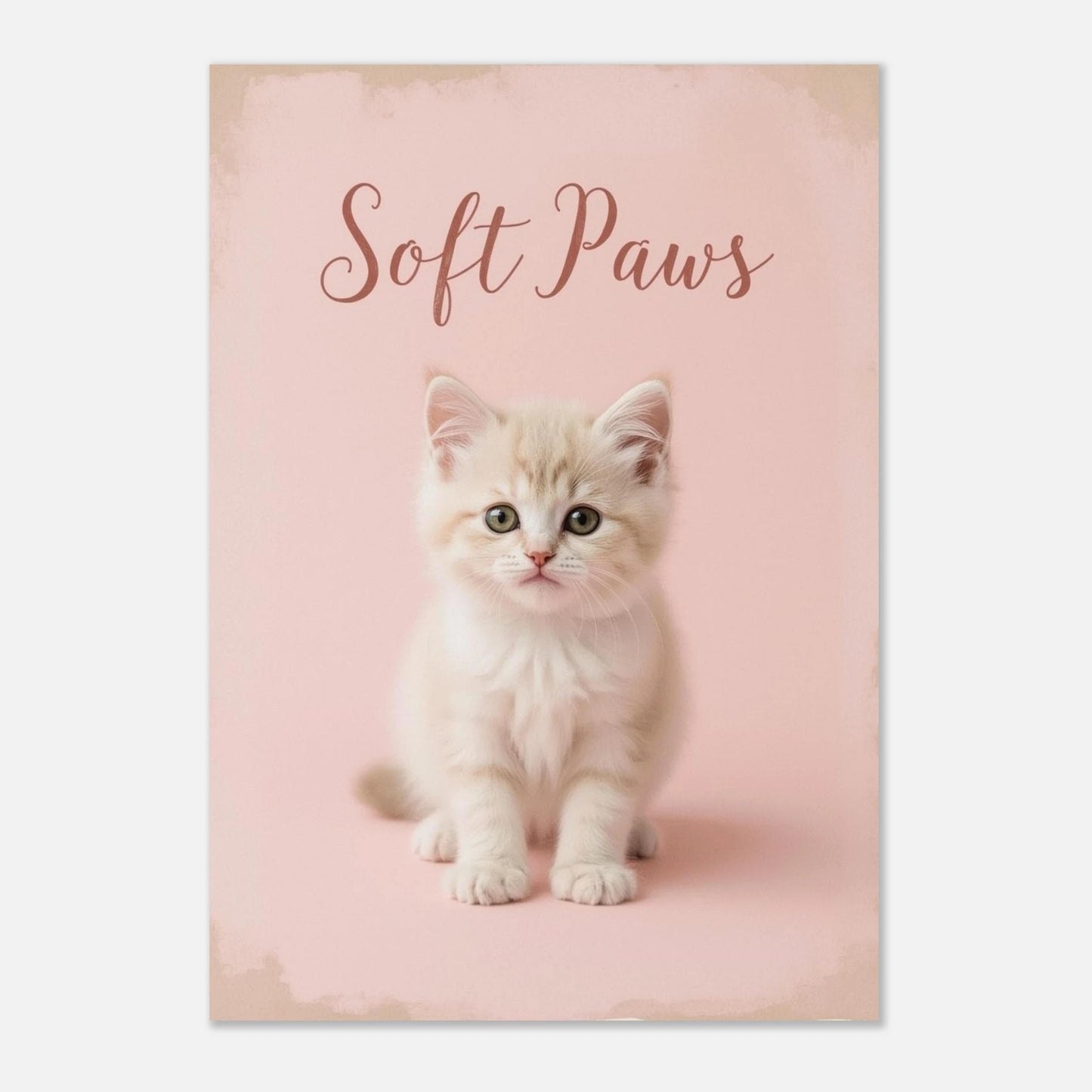 Charmig kattungeposter med vintage-kant och texten Soft Paws för barnrum