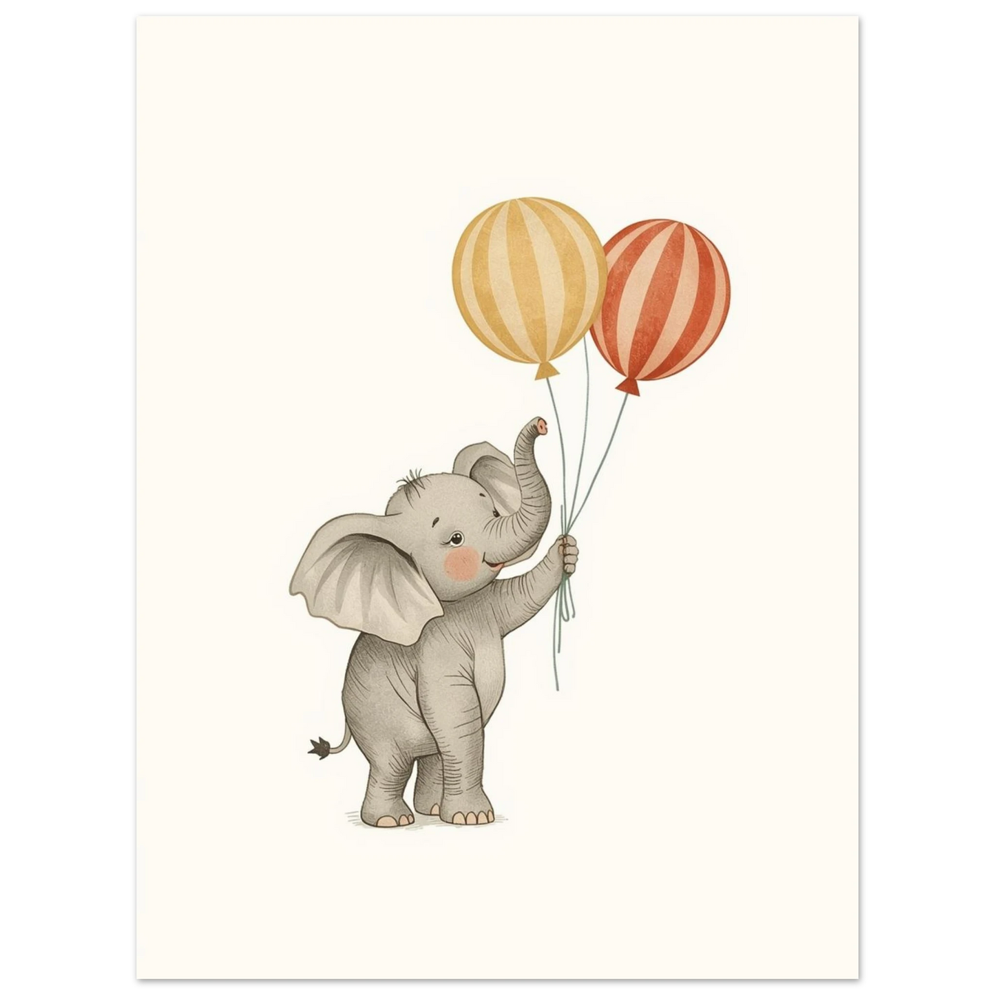 Liten elefant i mjuk tecknad stil med cirkusballonger – tavla barnrum