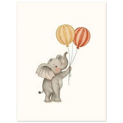 Liten elefant i mjuk tecknad stil med cirkusballonger – tavla barnrum