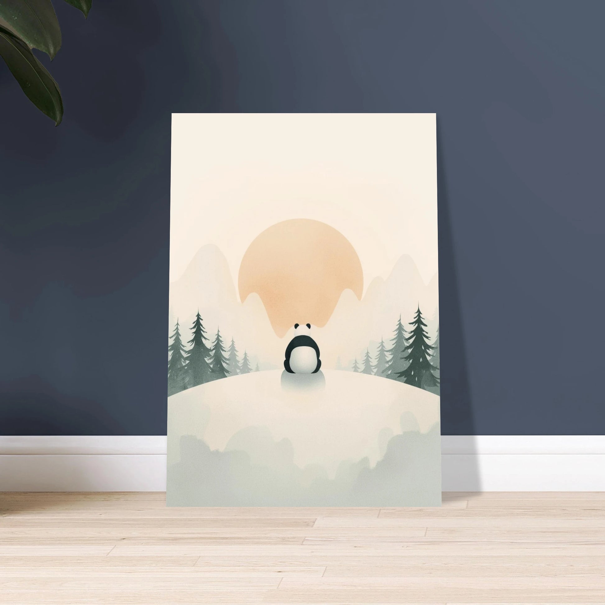 Panda på snöig kulle med solnedgång, lugn och fridfull stämning