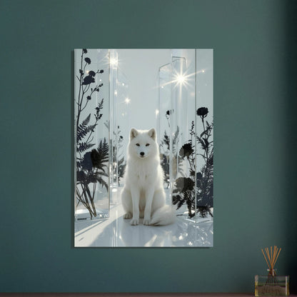 Majestätisk fjällräv i drömlik, minimalistisk miljö med glaskuber.