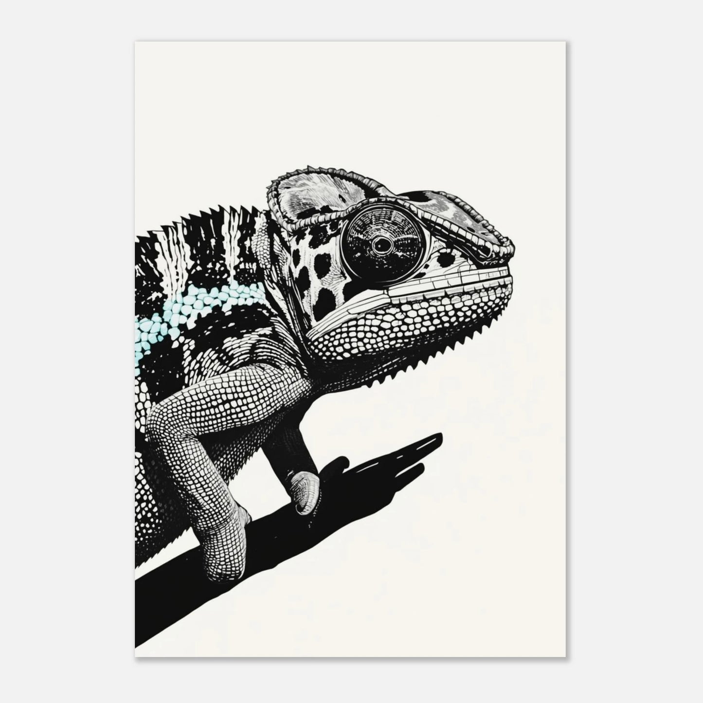 Modern illustration av en kameleont med fokus på dess runda öga