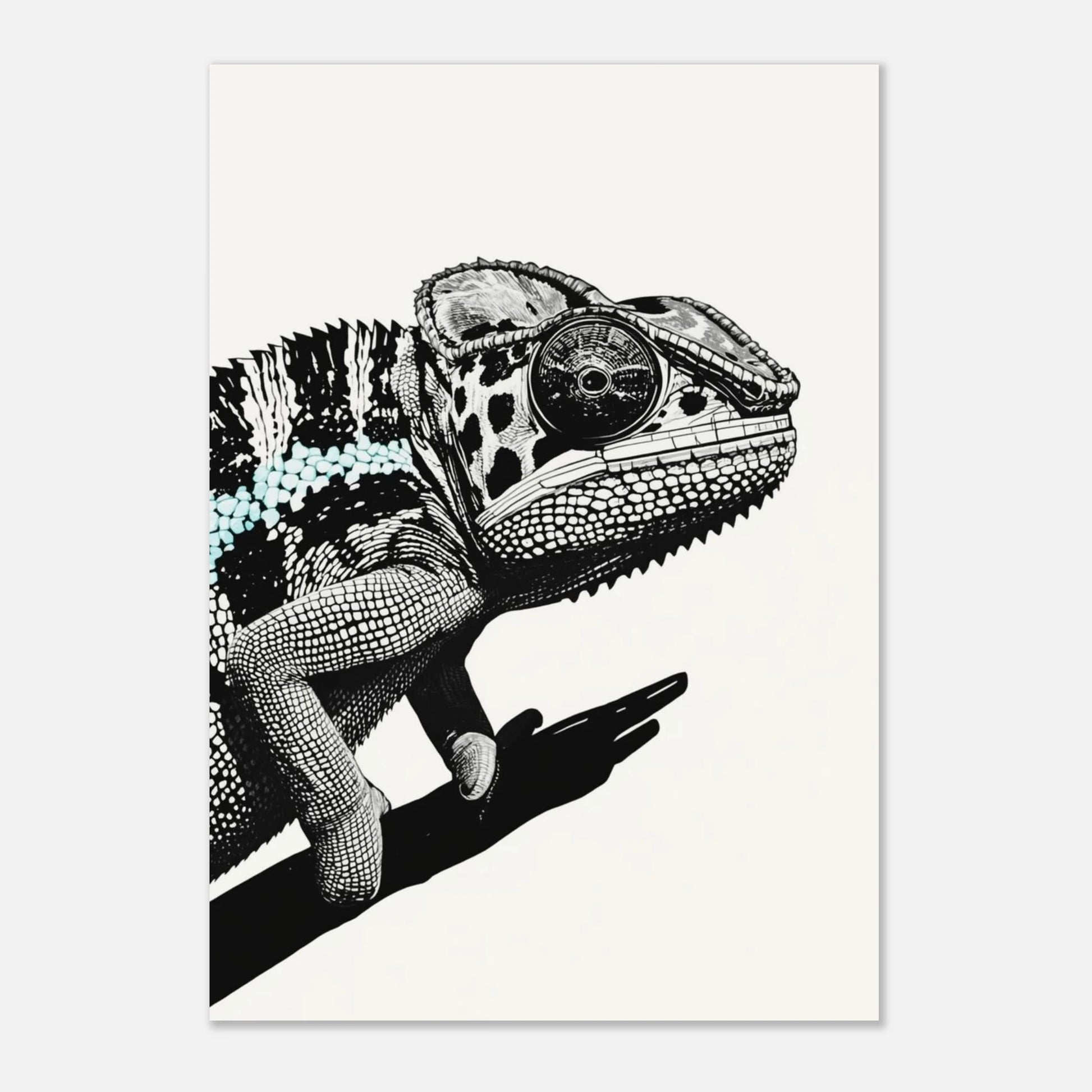 Modern illustration av en kameleont med fokus på dess runda öga