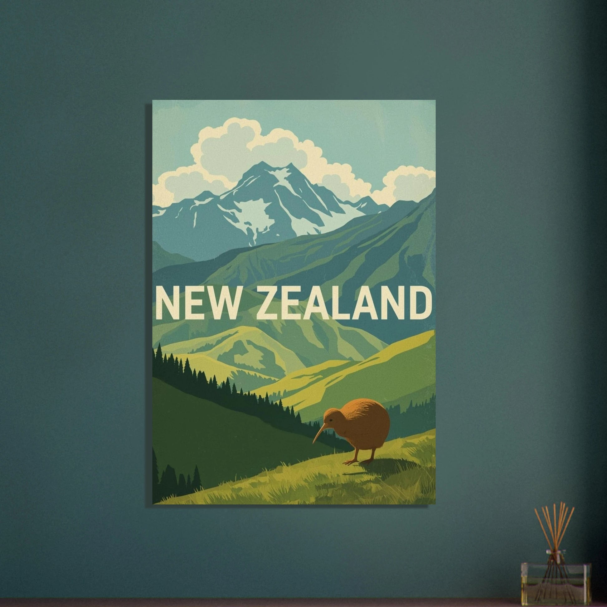 Kiwi i bergigt landskap, vintage reseposter, Nya Zeeland, lugn stämning