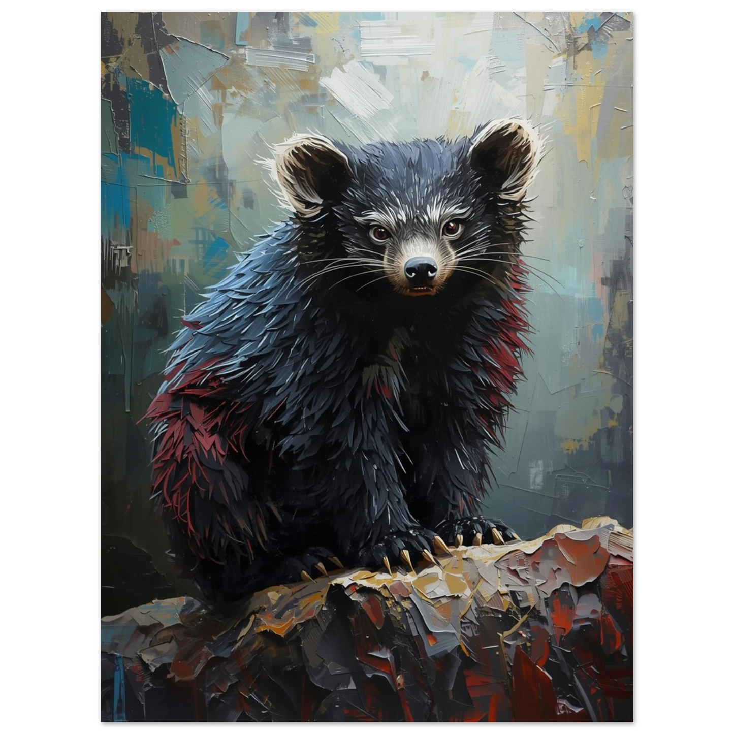 Binturong med intensiv blick i en expressionistisk tavla, mörka färgtoner