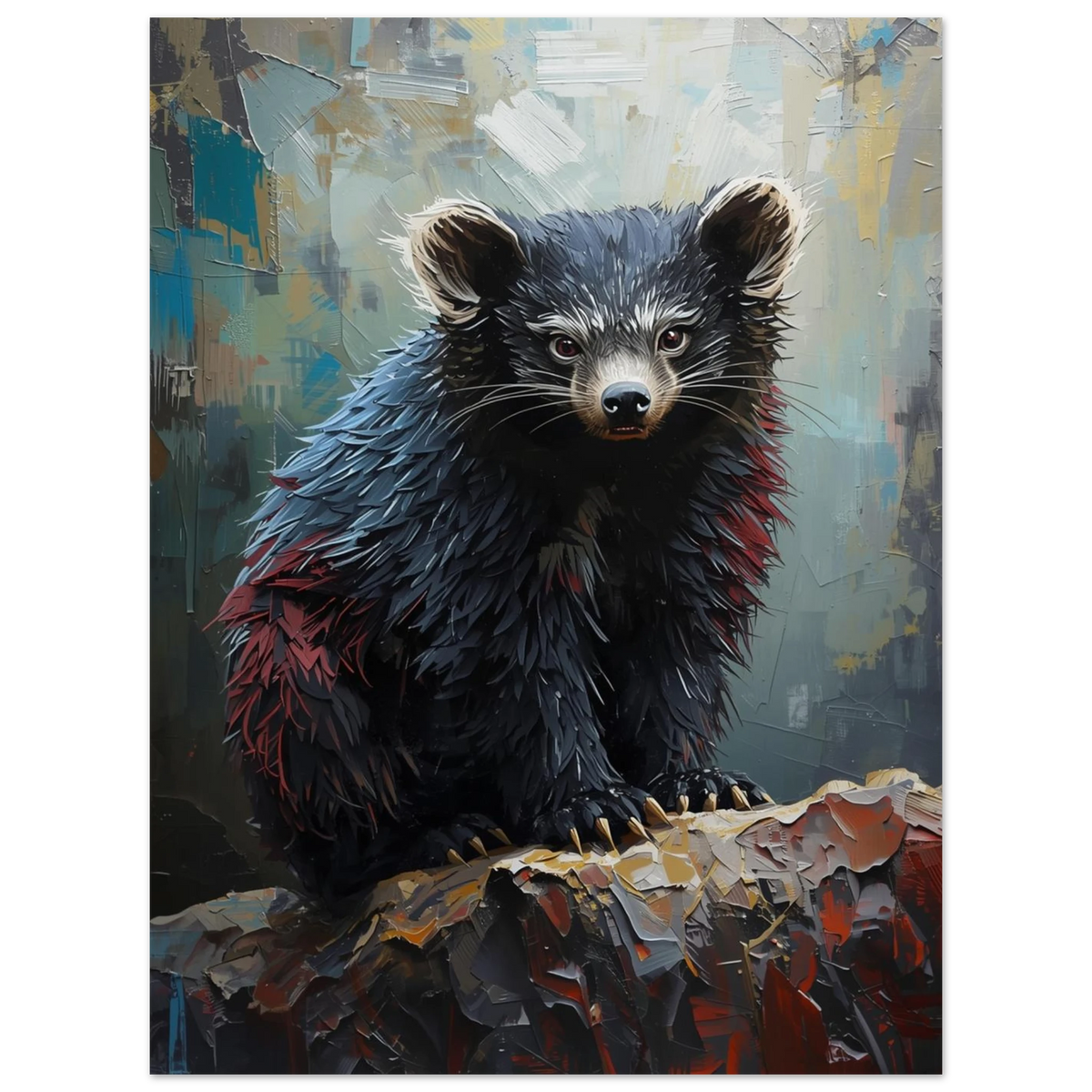 Binturong med intensiv blick i en expressionistisk tavla, mörka färgtoner