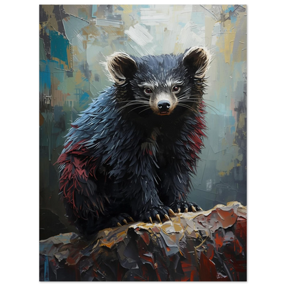 Binturong med intensiv blick i en expressionistisk tavla, mörka färgtoner