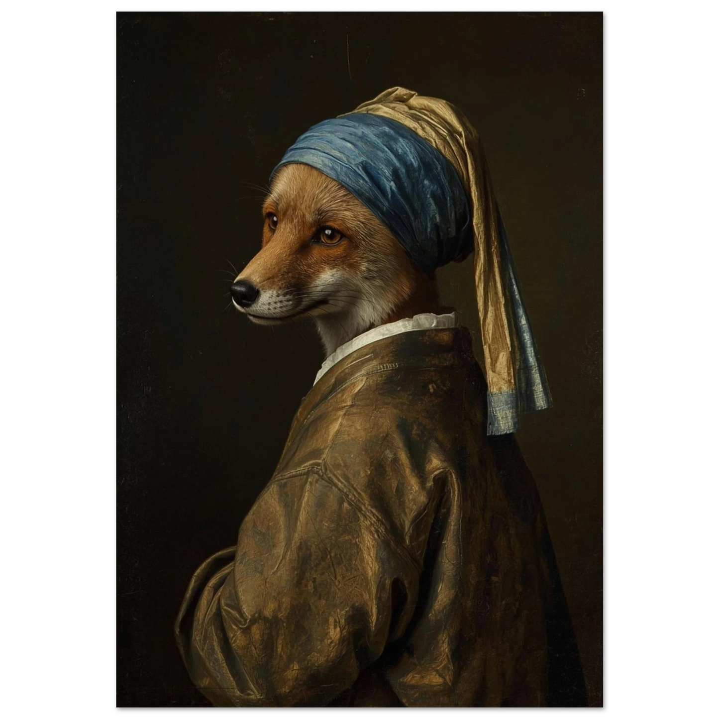 Räv i blå guldgul turban, klassiskt oljeporträtt i barockstil på svart bakgrund