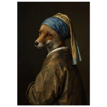 Räv i blå guldgul turban, klassiskt oljeporträtt i barockstil på svart bakgrund