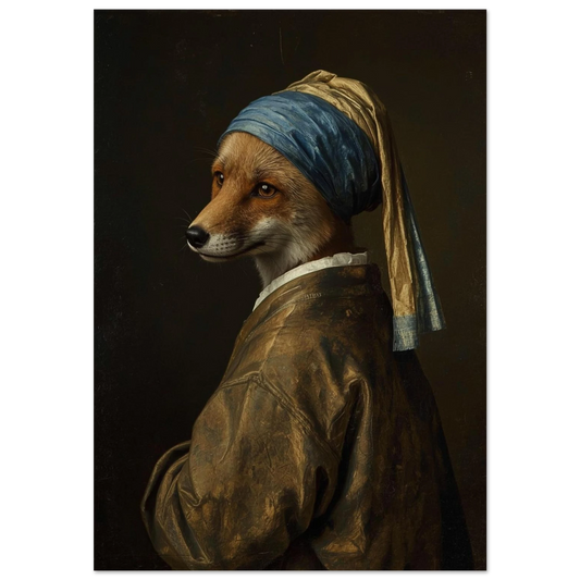 Räv i blå guldgul turban, klassiskt oljeporträtt i barockstil på svart bakgrund