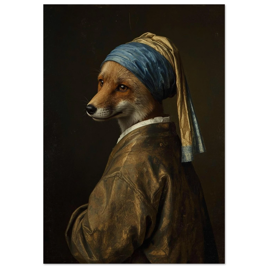 Räv i blå guldgul turban, klassiskt oljeporträtt i barockstil på svart bakgrund