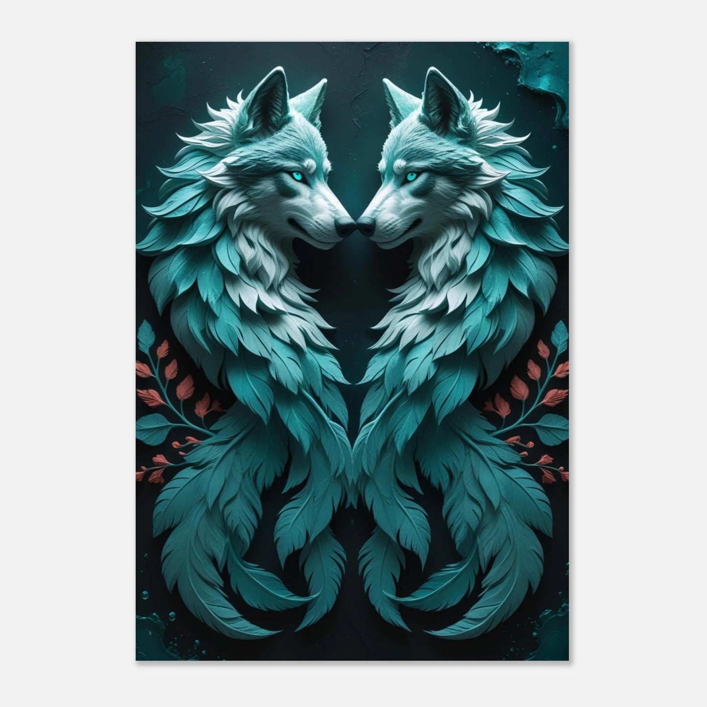 Fantasifull poster med två vargar som möts i symmetrisk harmoni