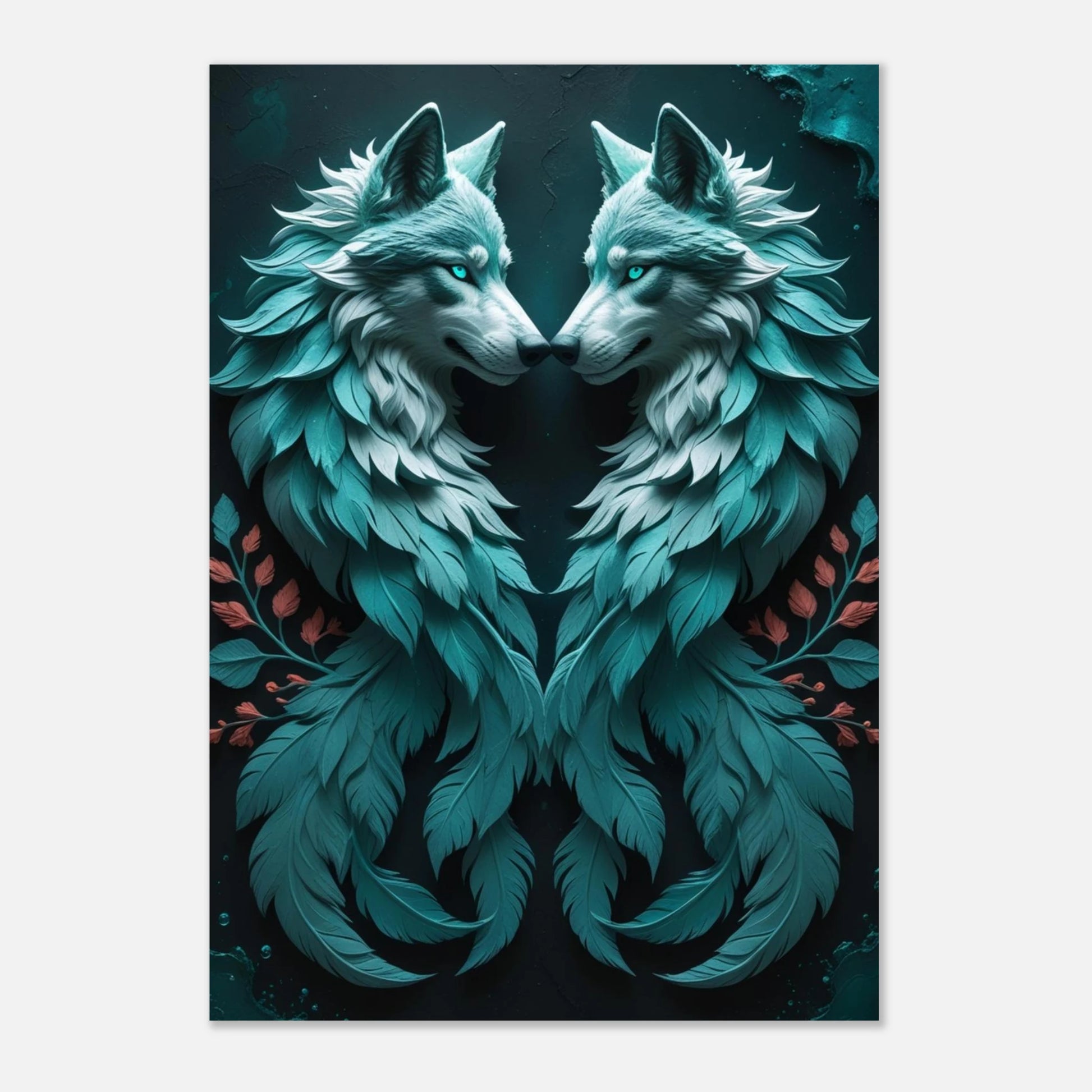Fantasifull poster med två vargar som möts i symmetrisk harmoni