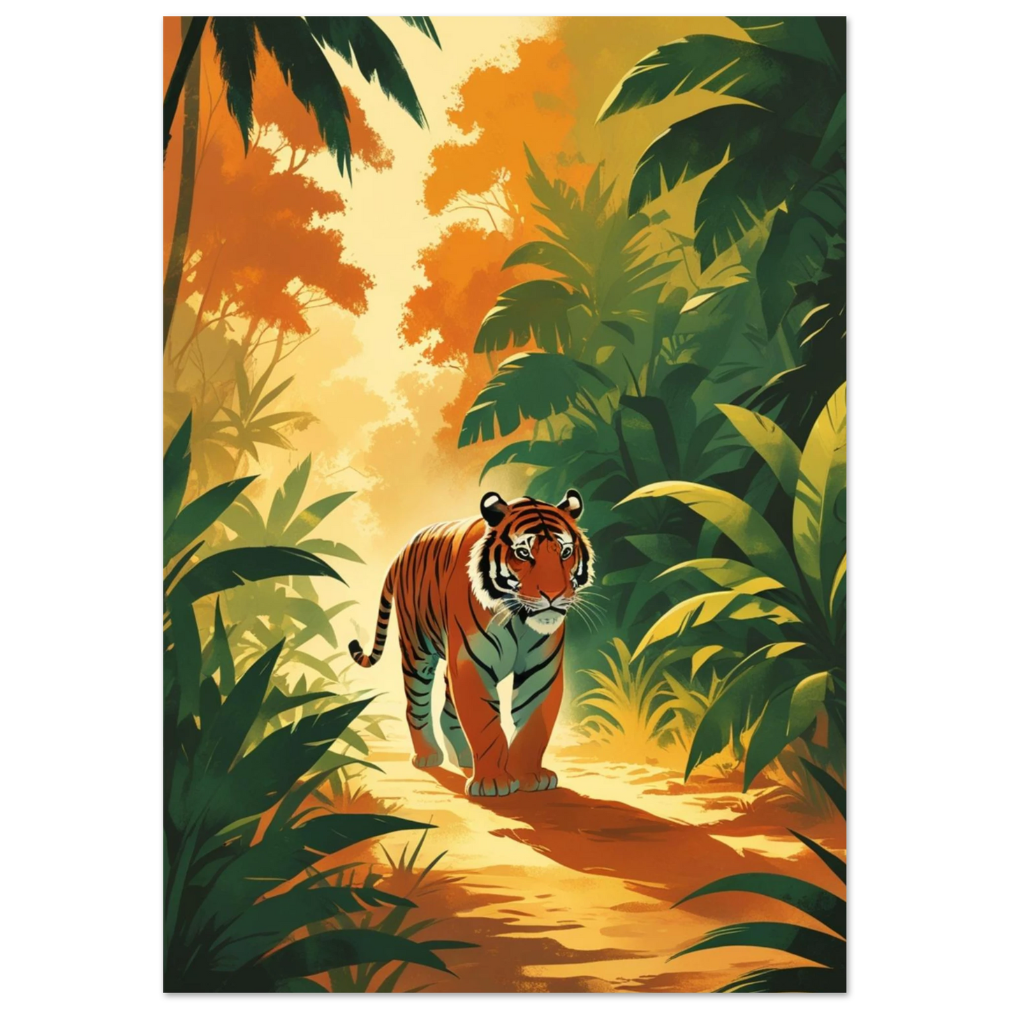 Tiger som vandrar genom en solbelyst djungel i vintage-stil – djurposter