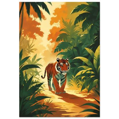 Tiger som vandrar genom en solbelyst djungel i vintage-stil – djurposter