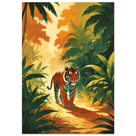 Tiger som vandrar genom en solbelyst djungel i vintage-stil – djurposter
