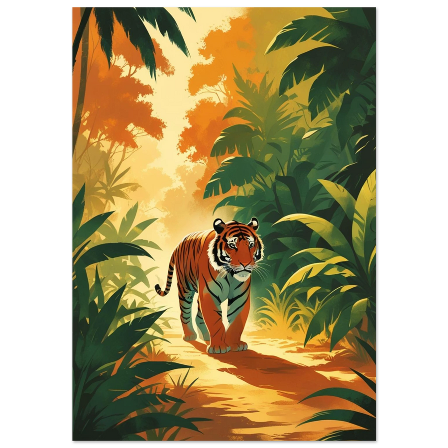 Tiger som vandrar genom en solbelyst djungel i vintage-stil – djurposter