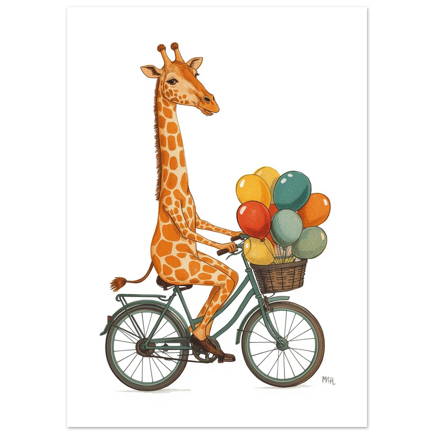Retroillustrerad giraff som cyklar med korg fylld av ballonger, djurposter