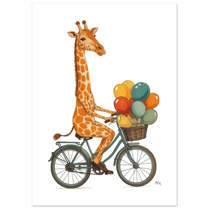 Retroillustrerad giraff som cyklar med korg fylld av ballonger, djurposter