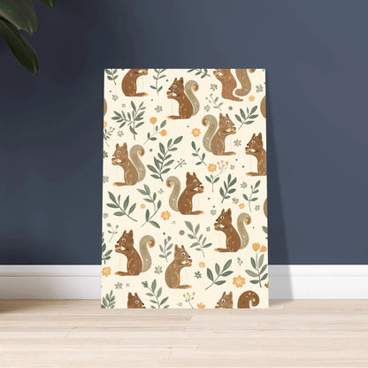 Lekfulla ekorrar i ett sömlöst mönster med blad och blommor.