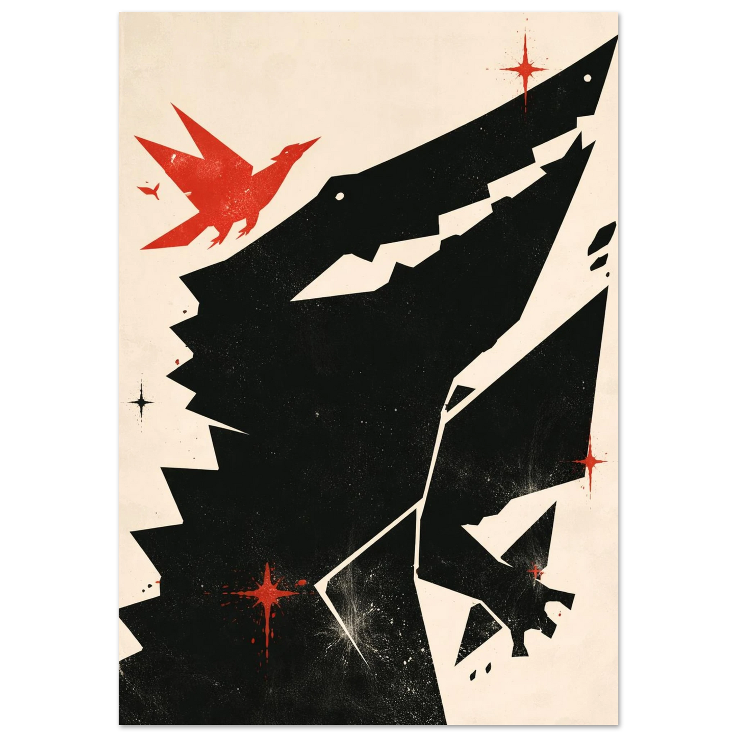 Svart krokodilsiluett med röd fågel och stjärnor – Retro poster