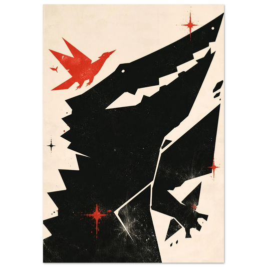 Svart krokodilsiluett med röd fågel och stjärnor – Retro poster