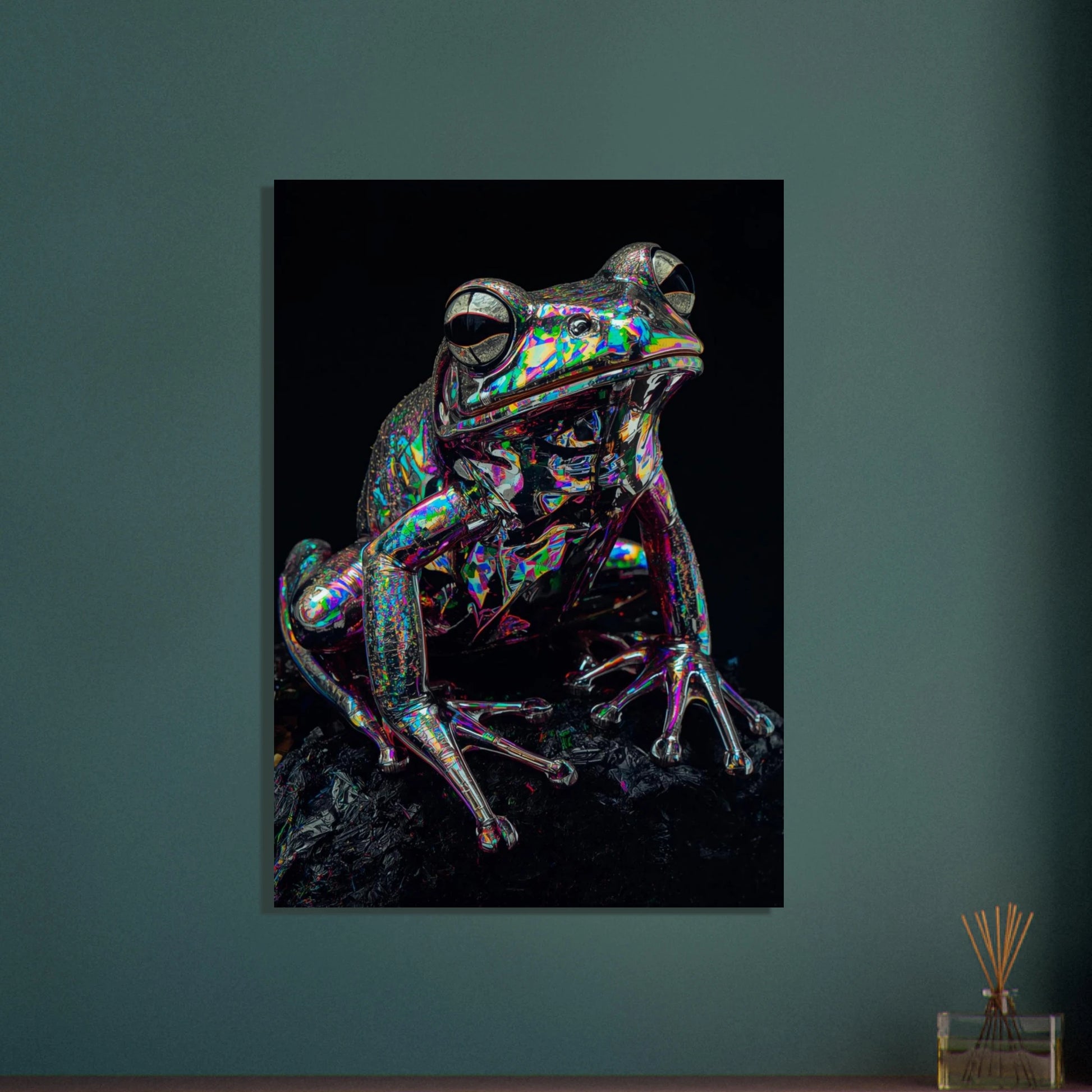 Holografisk groda med skimrande färger, surrealistisk och modern djurkonst