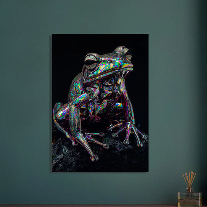 Holografisk groda med skimrande färger, surrealistisk och modern djurkonst