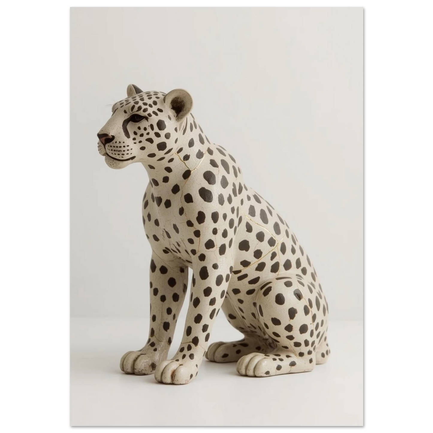 Sittande leopardskulptur med svarta fläckar och kintsugi-sprickor på vit bakgrund