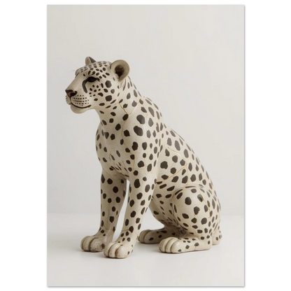 Sittande leopardskulptur med svarta fläckar och kintsugi-sprickor på vit bakgrund