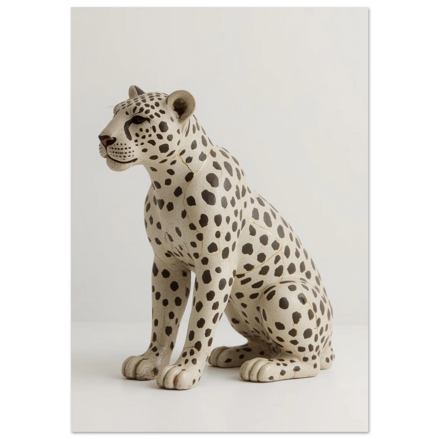 Sittande leopardskulptur med svarta fläckar och kintsugi-sprickor på vit bakgrund
