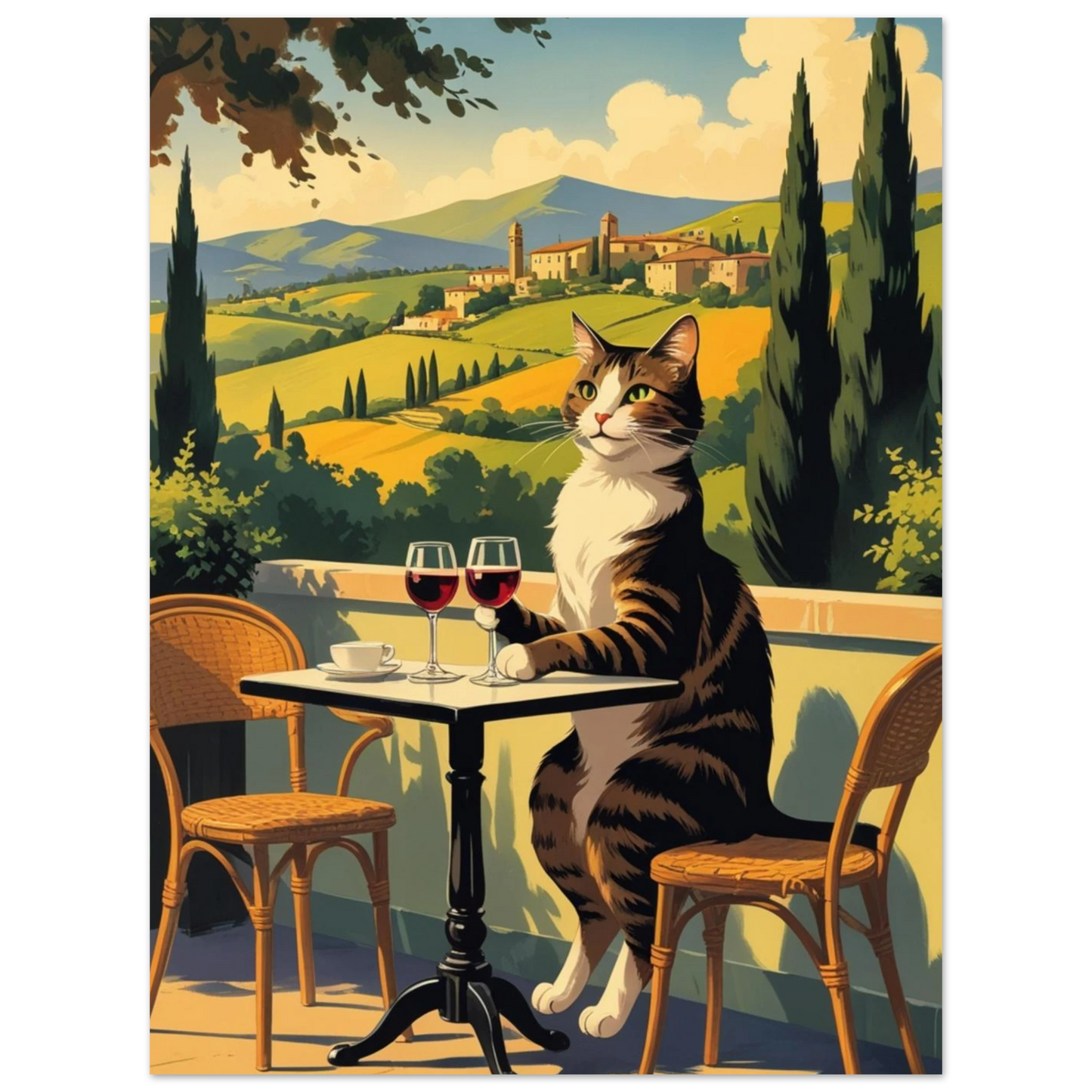 Elegant katt vid cafébord med utsikt över böljande gröna kullar