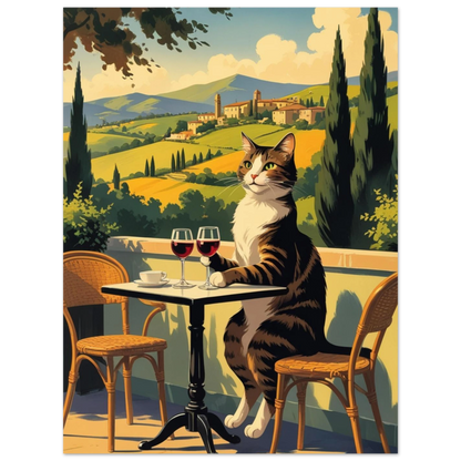 Elegant katt vid cafébord med utsikt över böljande gröna kullar