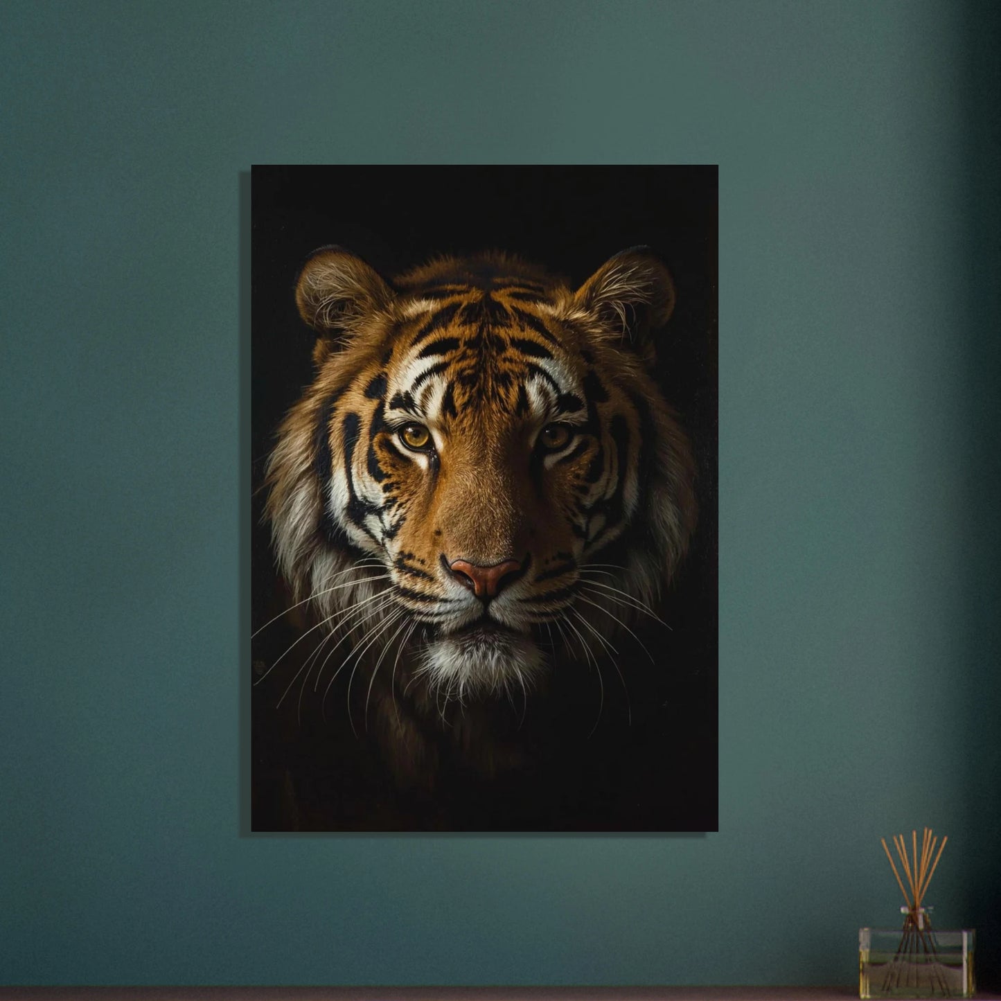 Majestätisk tiger med intensiv blick i mörkt porträtt