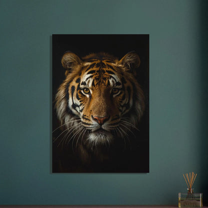 Majestätisk tiger med intensiv blick i mörkt porträtt