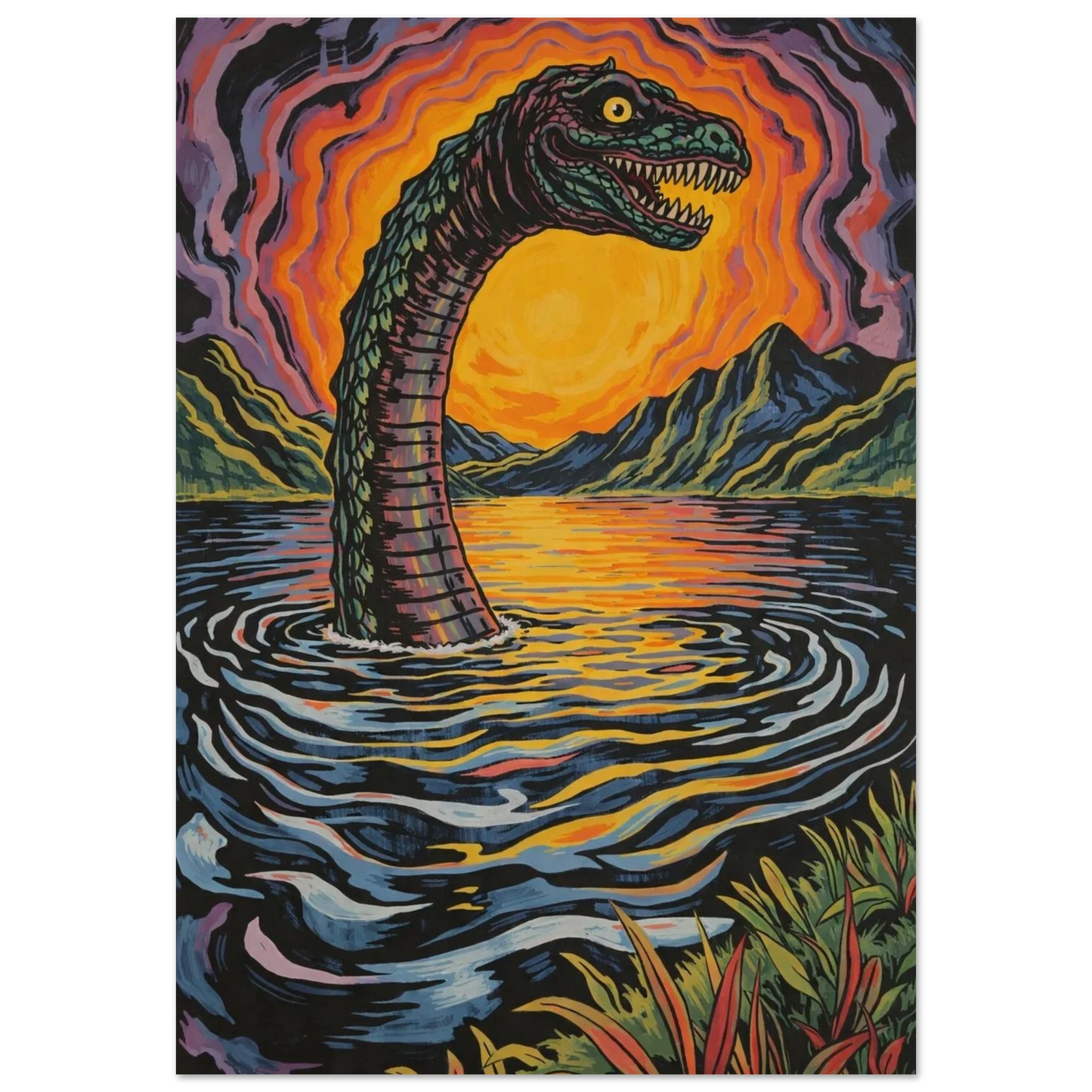 Psykedelisk illustration av Loch Ness-odjuret vid solnedgång – färgstark poster