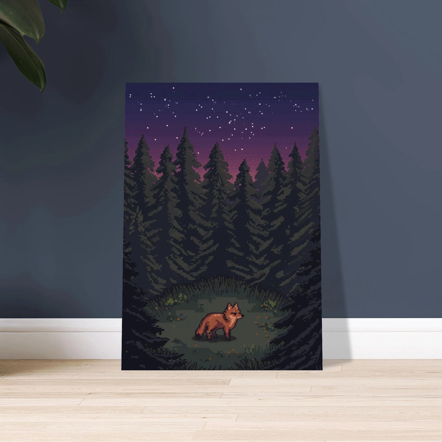 Räv i skogsglänta vid skymning, pixelkonst, stjärnhimmel