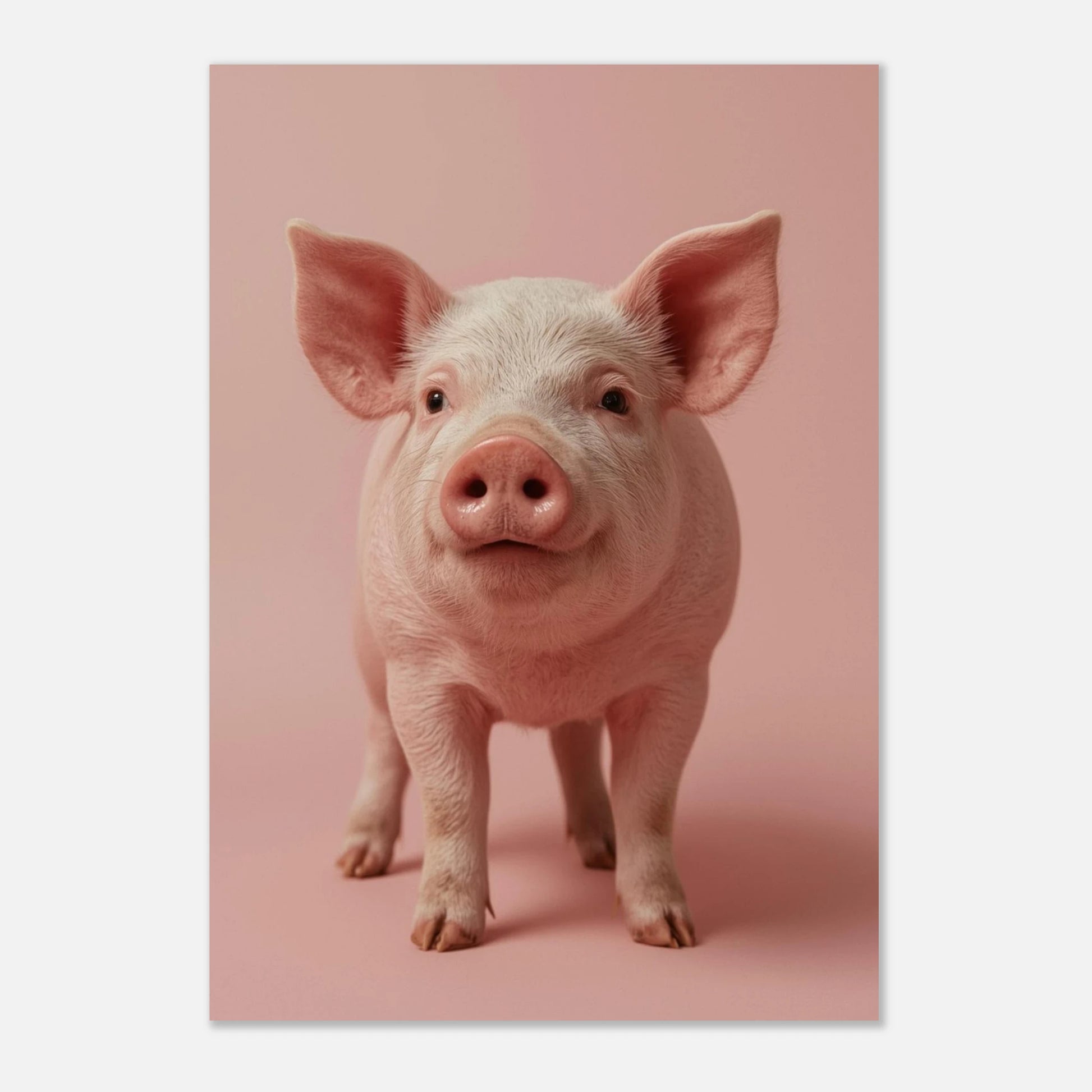 Minimalistisk djurposter föreställande en rosa gris i helfigur mot pastell