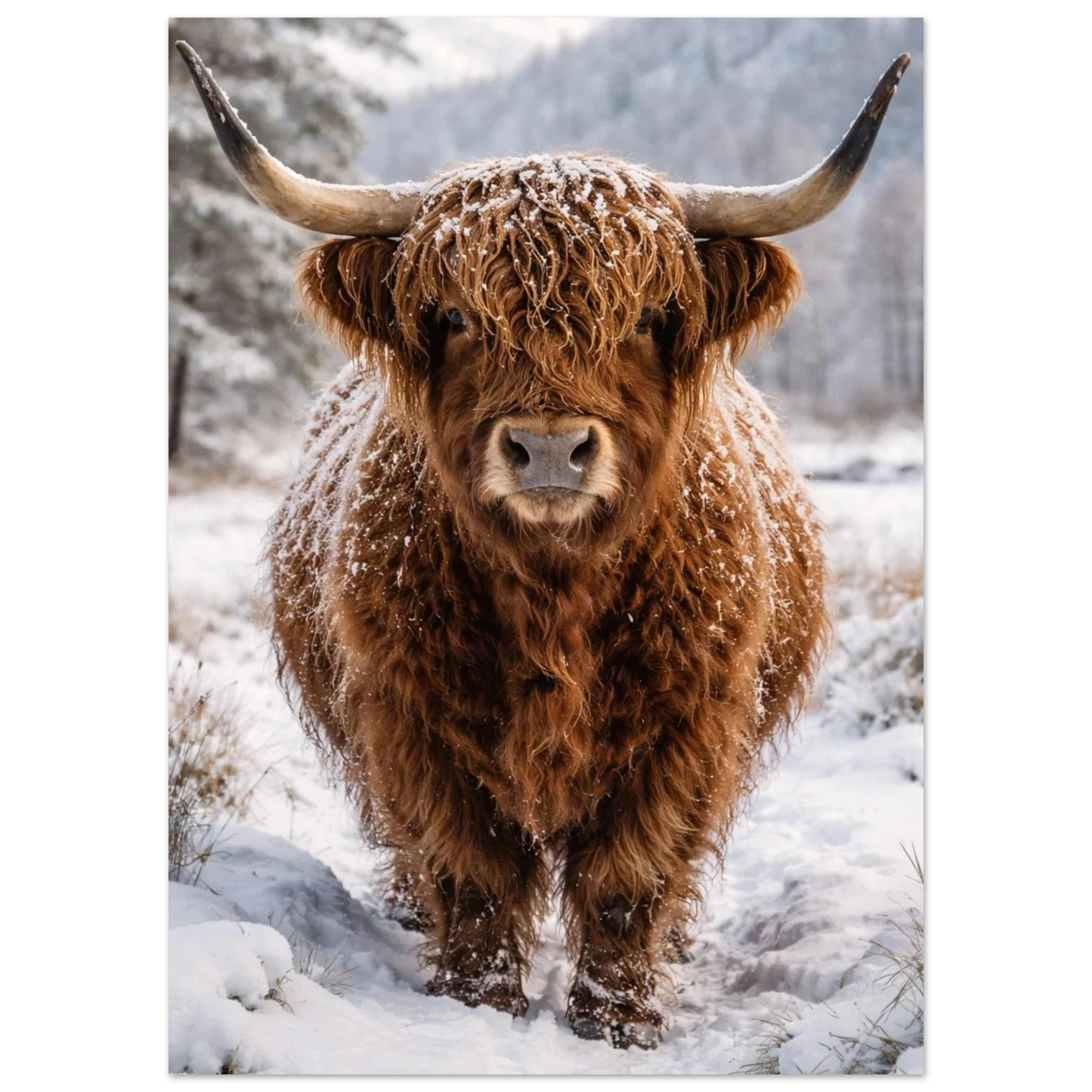 Ståtlig Highland Cattle med stora horn i vintermiljö – Fotorealistisk poster