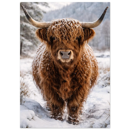 Ståtlig Highland Cattle med stora horn i vintermiljö – Fotorealistisk poster