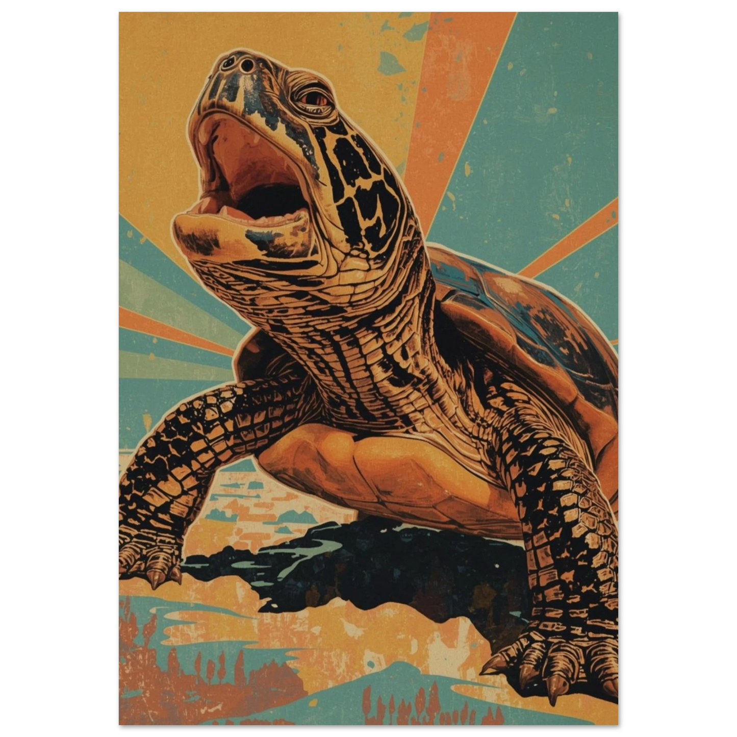 Grafisk illustration av en havssköldpadda i retro vintage-stil