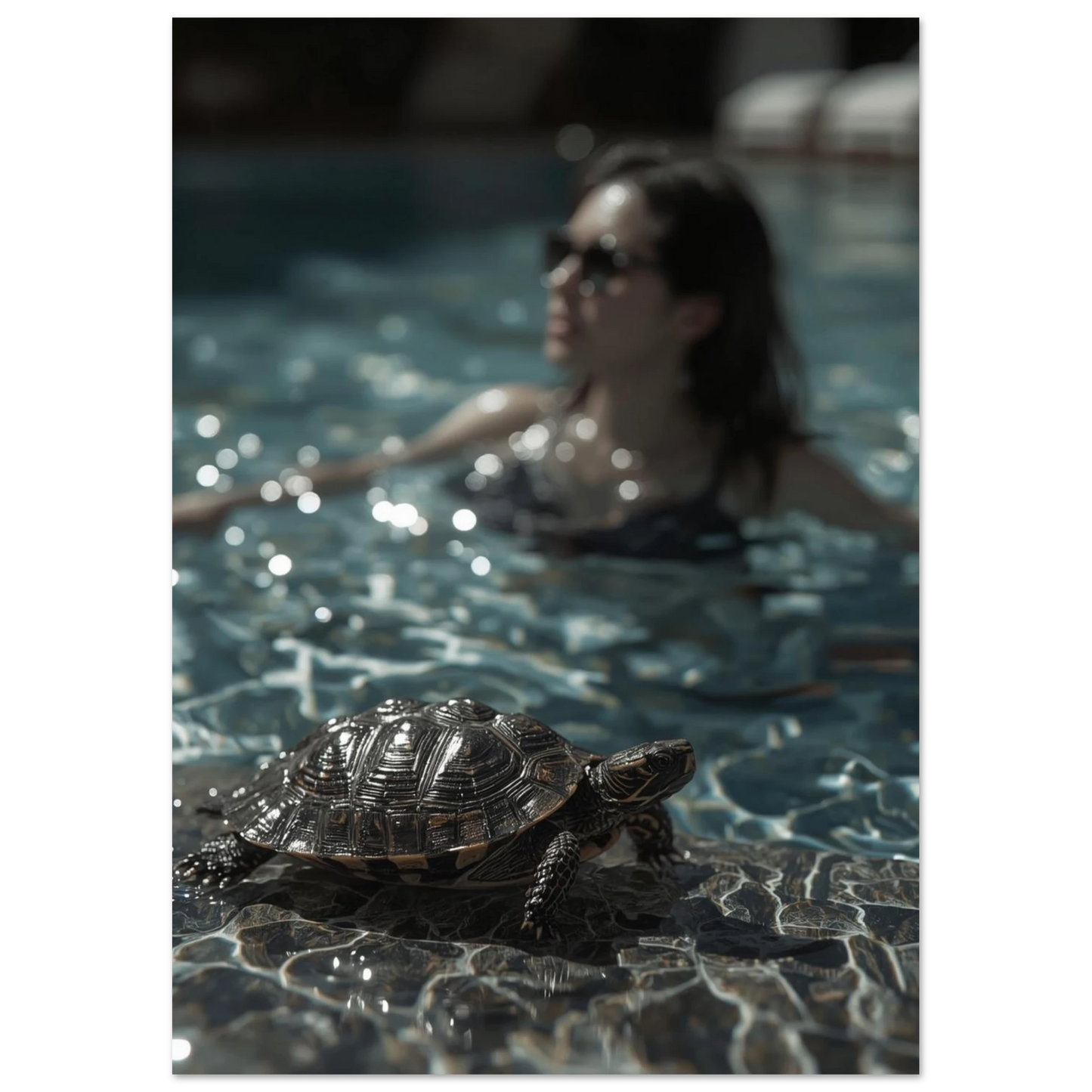 Solsida vid poolen med en vilande sköldpadda, somrig djurposter med bokeh-effekt