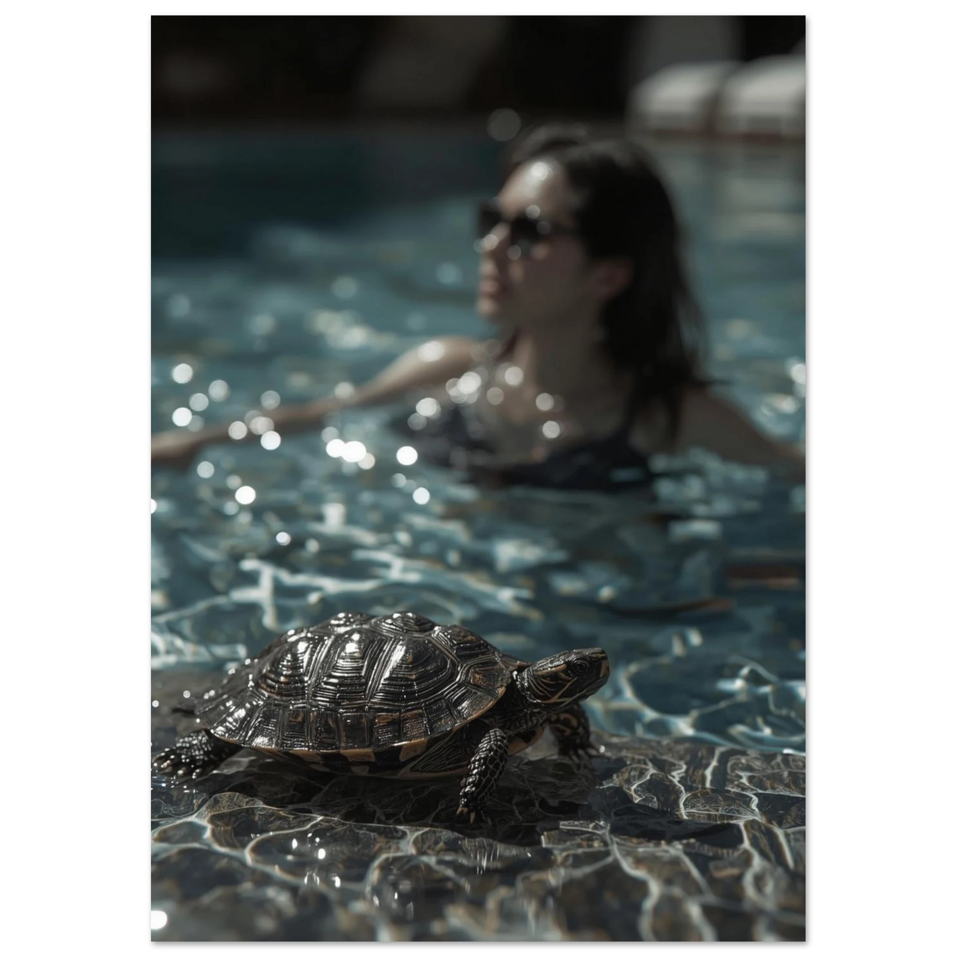 Solsida vid poolen med en vilande sköldpadda, somrig djurposter med bokeh-effekt